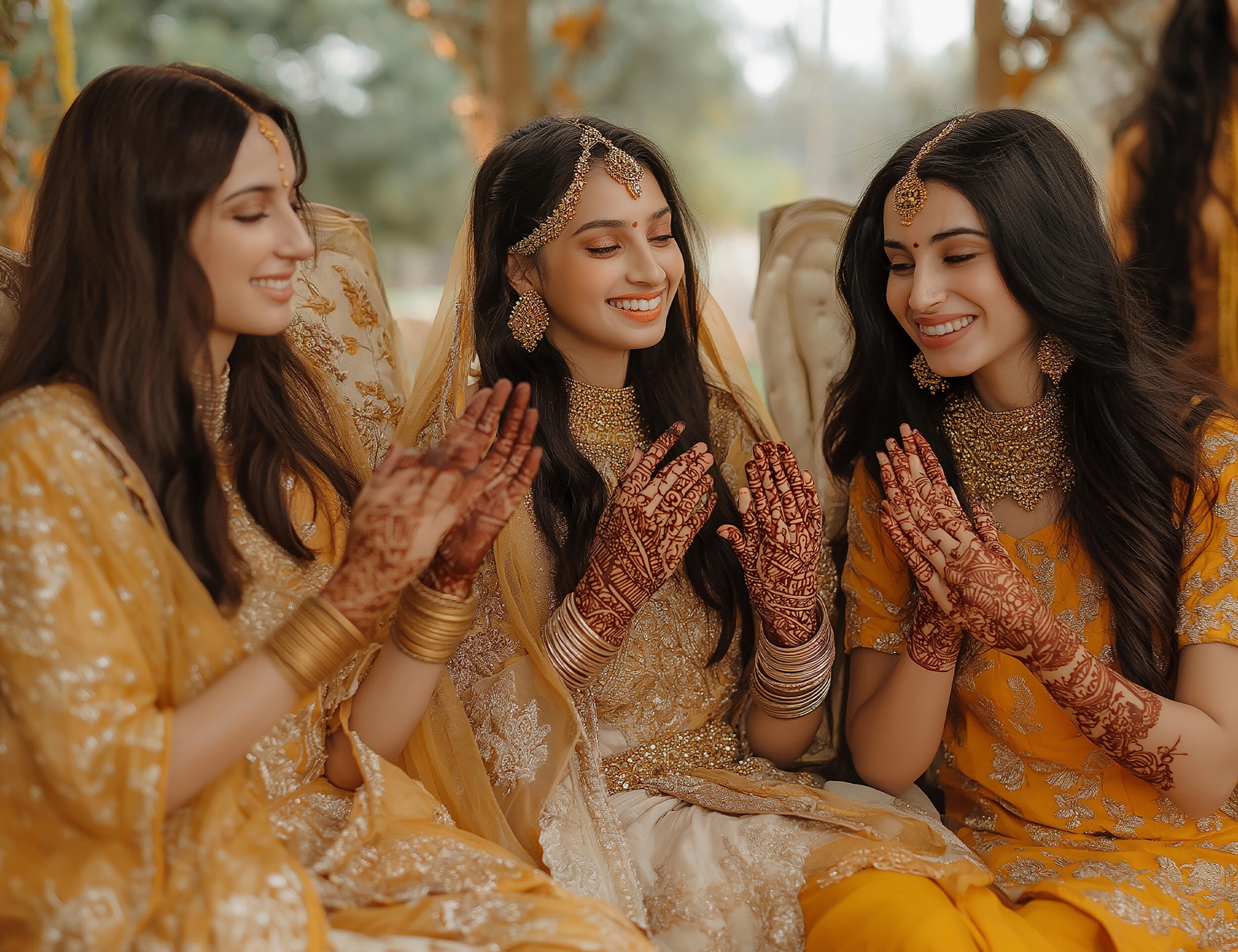 Bride with her freinds flaunting her mehendi wearing yellow lehenga 